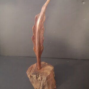 Vintage Hand Carved Ironwood Feather Shape Pen Holder with Stump Like Base